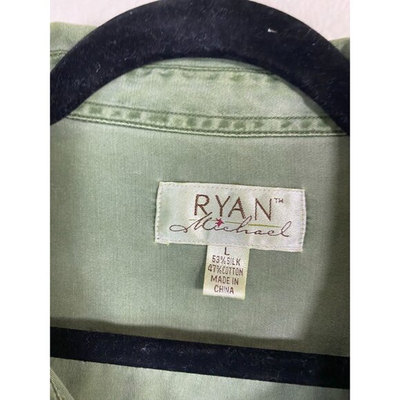 Ryan Michael Men Silk Blend Green Button Up Shirt Size Large Long Sleeve Western - Picture 16 of 16